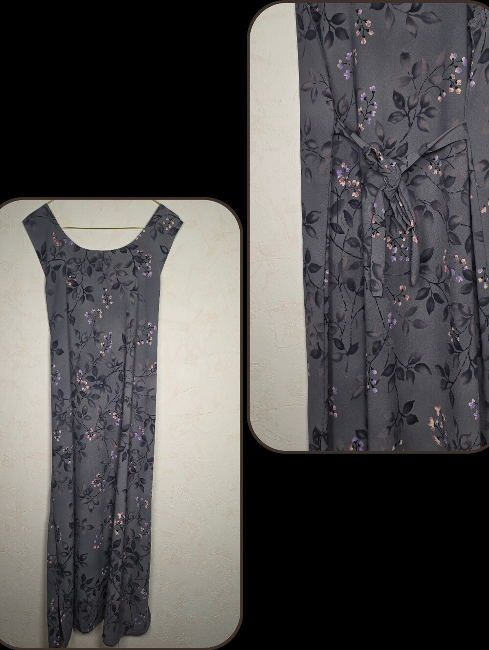 Vintage 90s Grey Floral Maxi Dress Sleeveless Cottagecore Boho Grunge Size Large